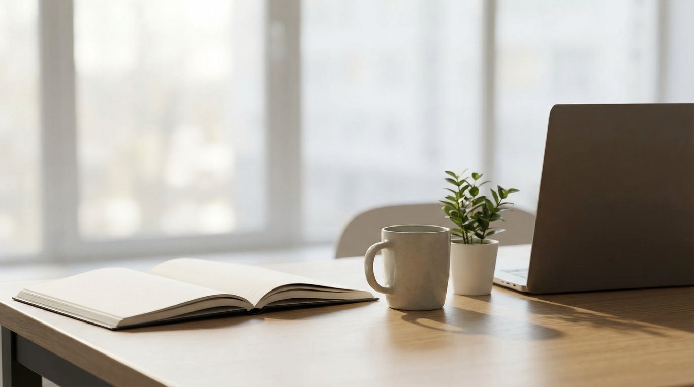 Réceptionniste souriante et professionnelle dans un cadre corporate épuré, tenant une tablette