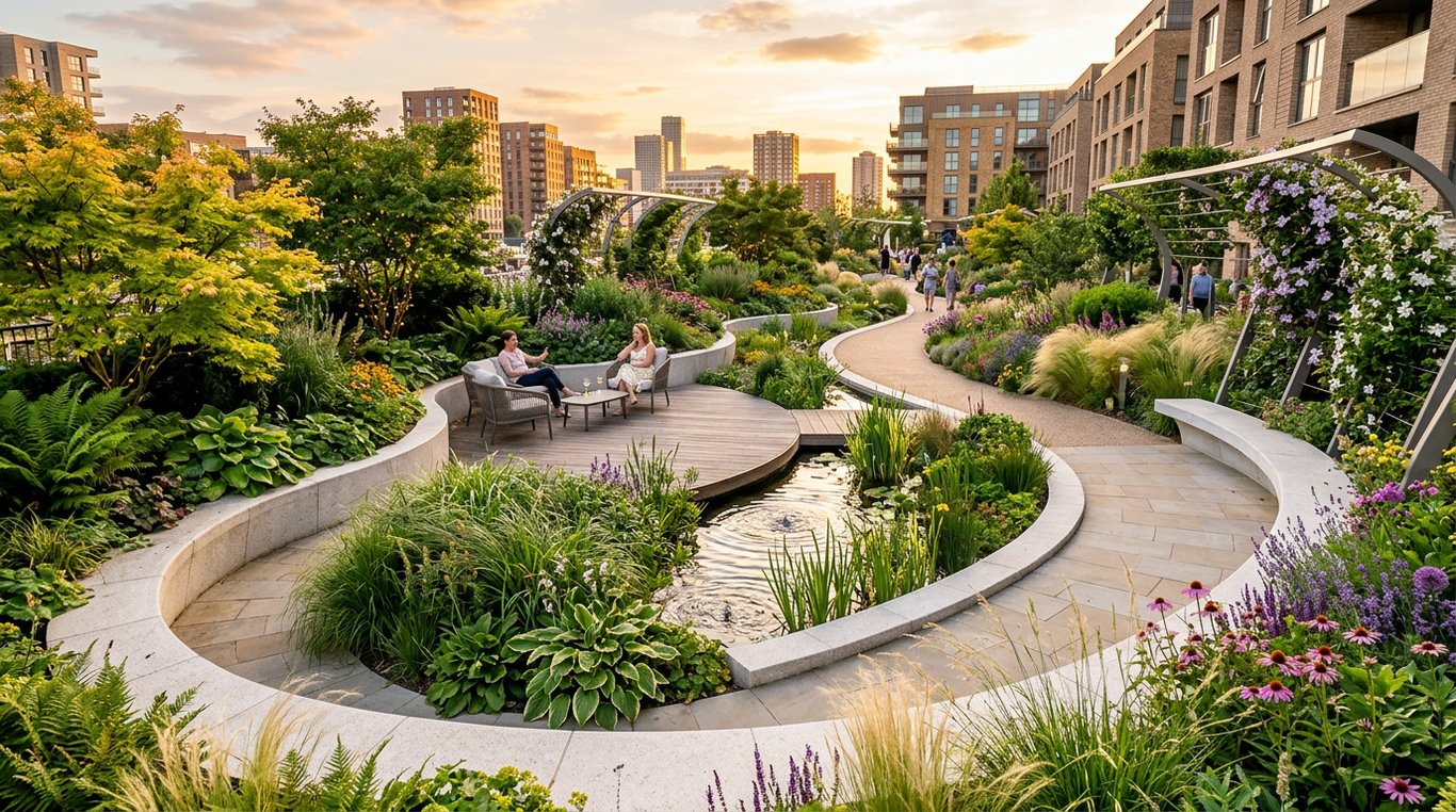 Un jardin urbain moderne et luxuriant baigné par la lumière dorée du soir