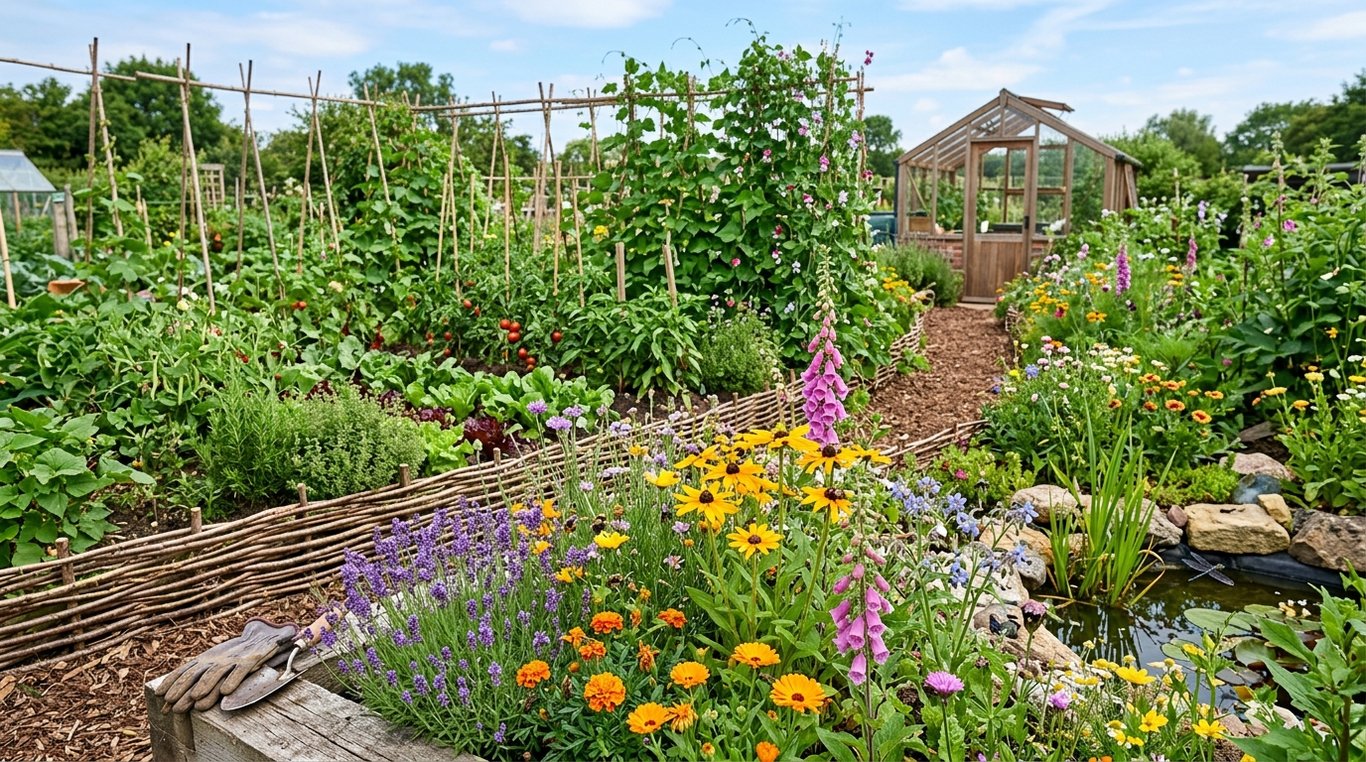Jardin permaculture final : potager structuré, haies et ambiance foisonnante.