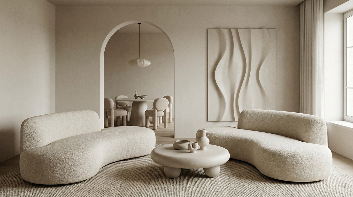 Salon minimaliste avec canapé courbe blanc bouclé, tapis de forme irrégulière et table basse en travertin, ambiance sereine