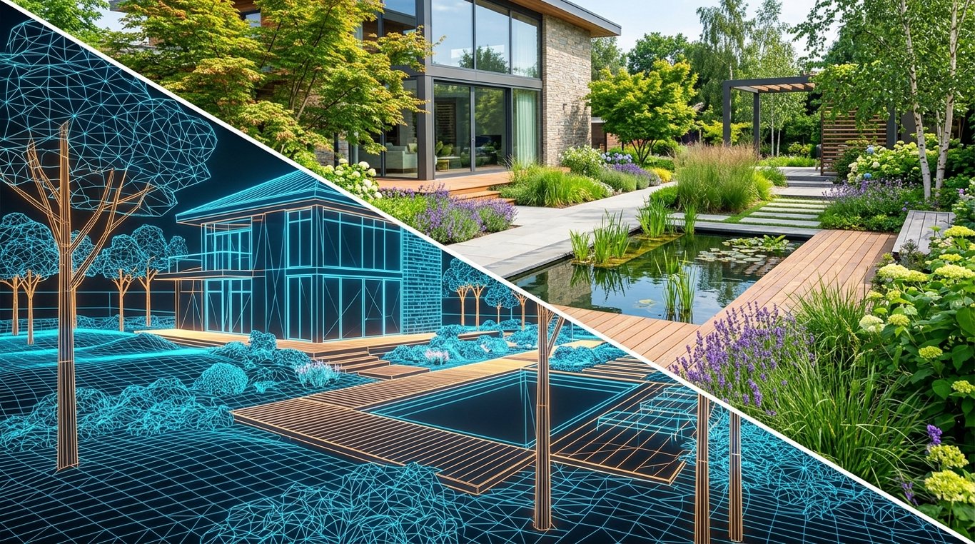 Une image scindée montrant un jardin paysager moderne d'un côté et sa maquette 3D filaire de l'autre