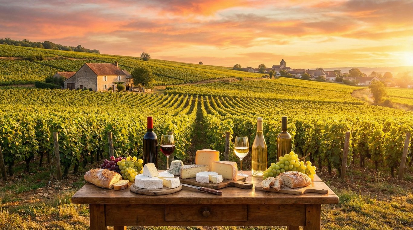 Vue panoramique vignoble français coucher de soleil