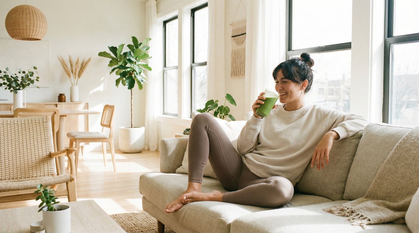 Femme souriante buvant un smoothie vert dans un salon lumineux