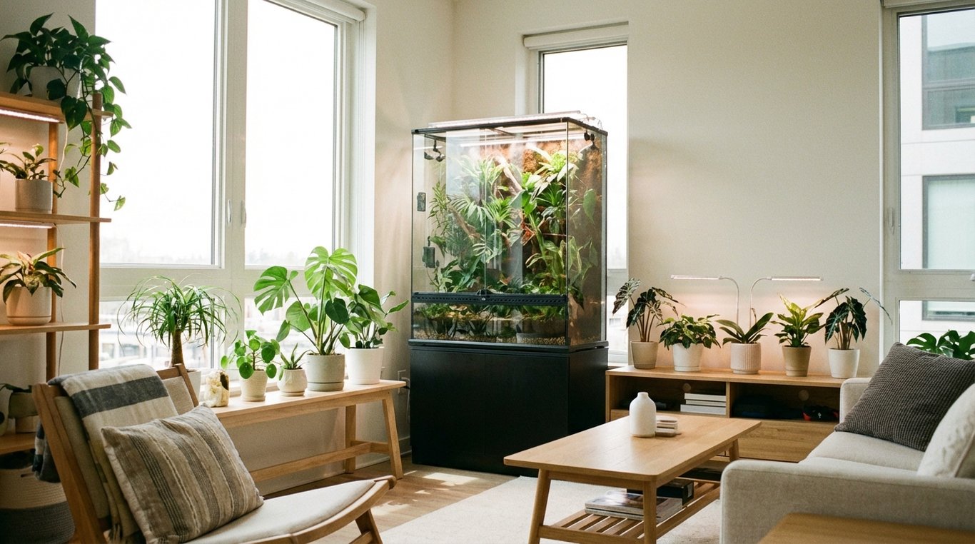 Salon moderne avec terrarium high-tech et plantes luxuriantes