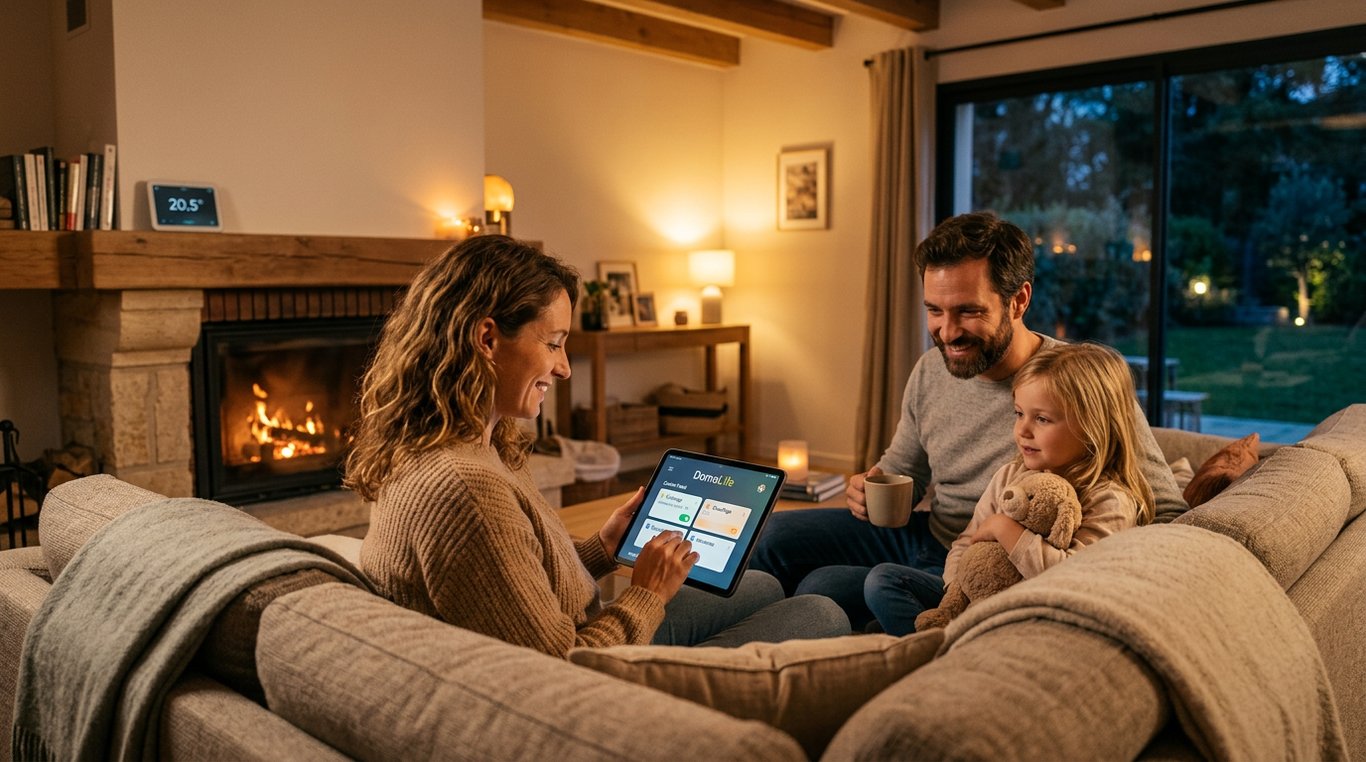 Salon luxueux avec éclairage intelligent et panneau de contrôle mural discret