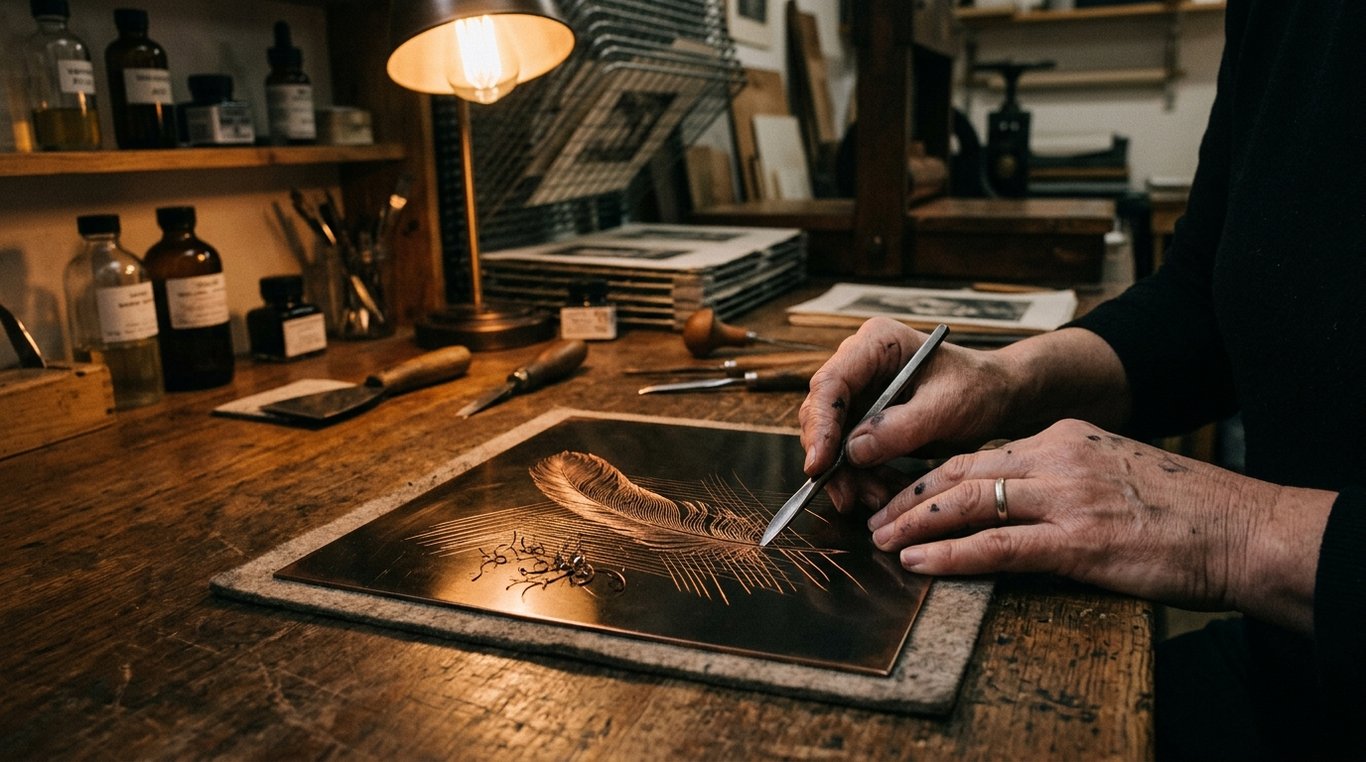 Artisan au travail sur une plaque de cuivre pour une eau-forte, atelier d’estampe