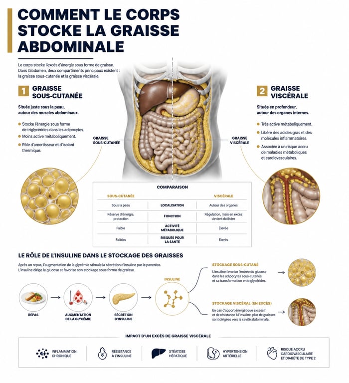 Schéma explicatif des mécanismes de stockage de la graisse abdominale et de l'impact de l'alimentation pour maigrir du ventre