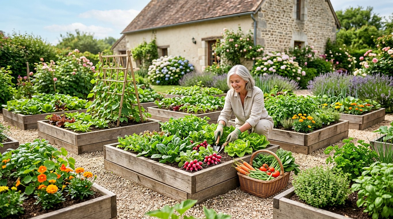 Potager en carrés surélevés avec bacs en bois et allées structurées.
