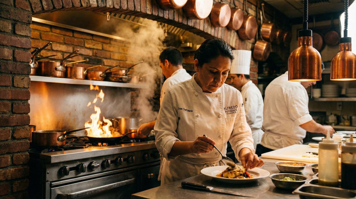 Portrait de Maria, sous-chef, souriante en cuisine