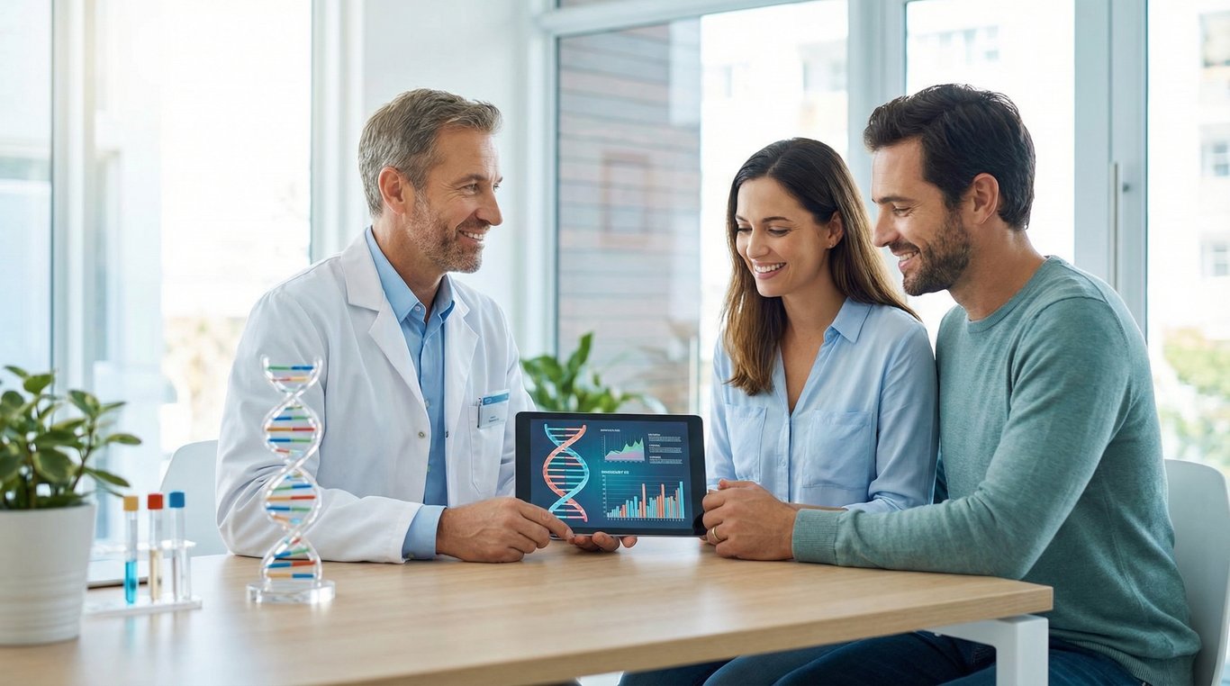 Kit de prélèvement ADN élégant et minimaliste posé sur une table blanche, packaging premium avec le logo Genevia