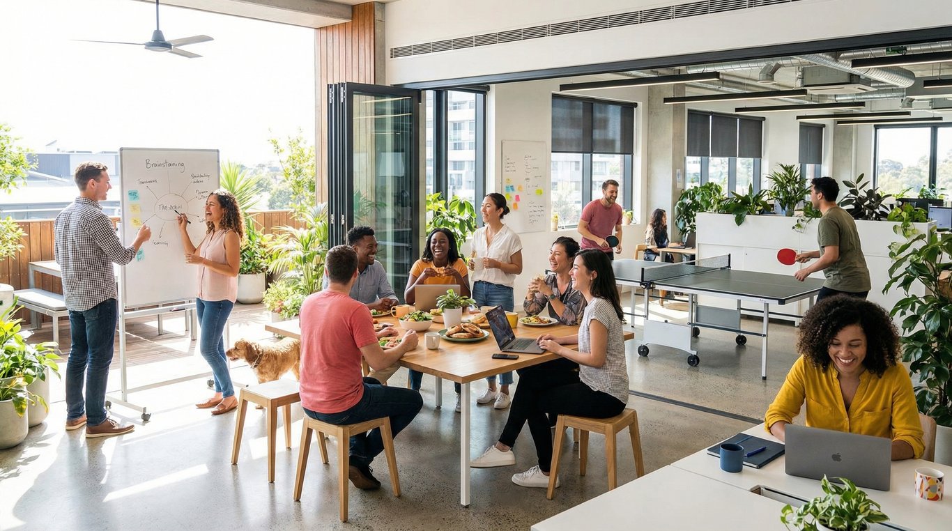 Photo d'équipe corporate moderne dans un bureau lumineux avec beaucoup de plantes vertes, ambiance professionnelle et détendue