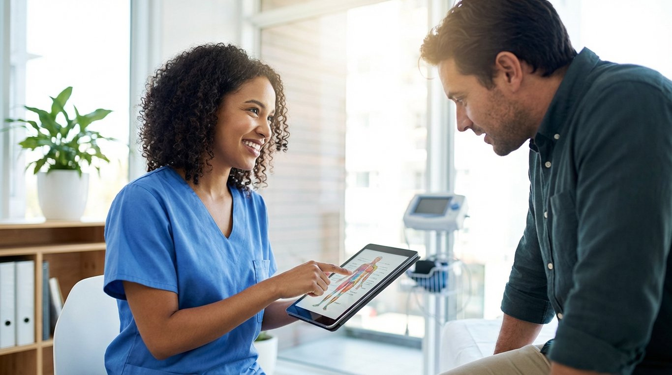 Professionnel de la santé expliquant un schéma anatomique à un patient dans un cabinet moderne