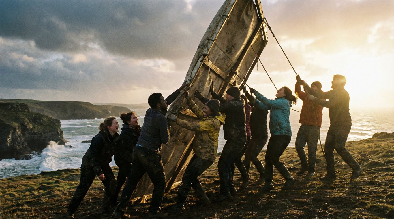 Photographie d'équipe dans un espace de travail moderne avec grandes baies vitrées donnant sur un circuit, ambiance collaborative et professionnelle