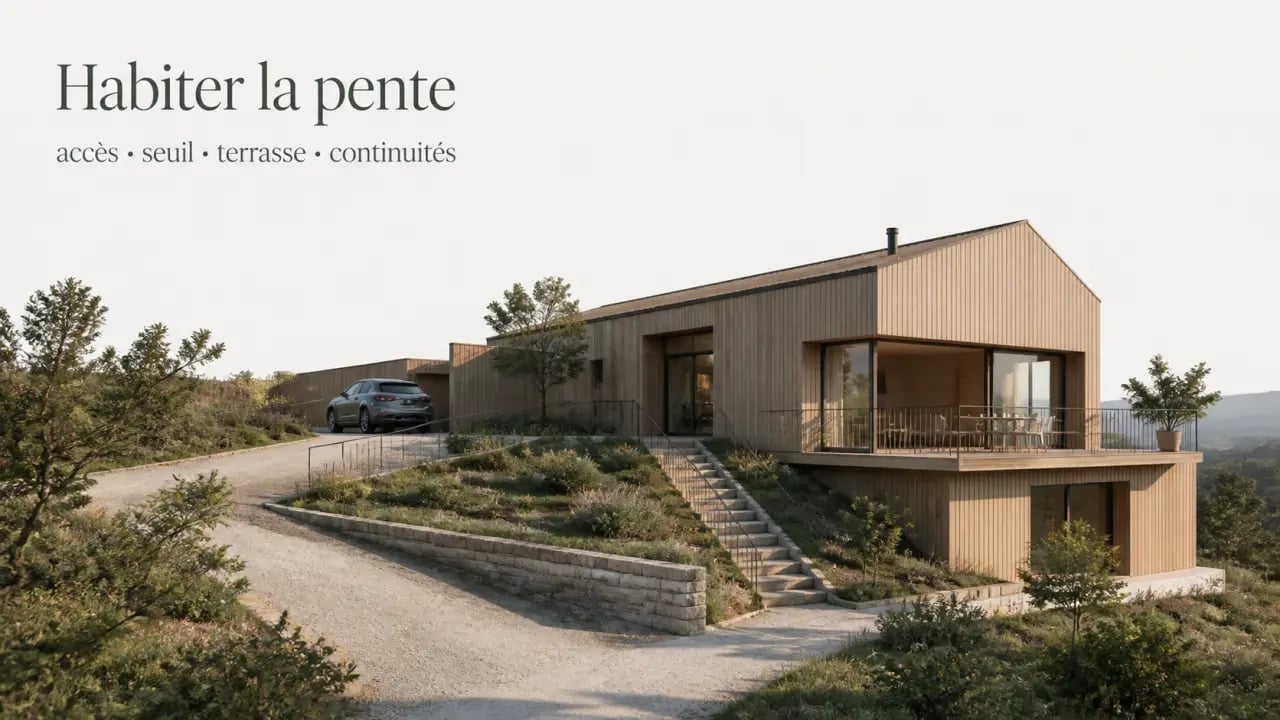 Plan maison en bois adapté à un terrain en pente avec accès garage et terrasse