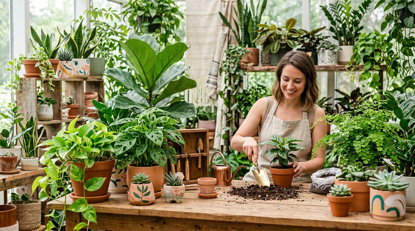 Terrarium en laiton avec mousses et fougères, posé sur un socle en bois