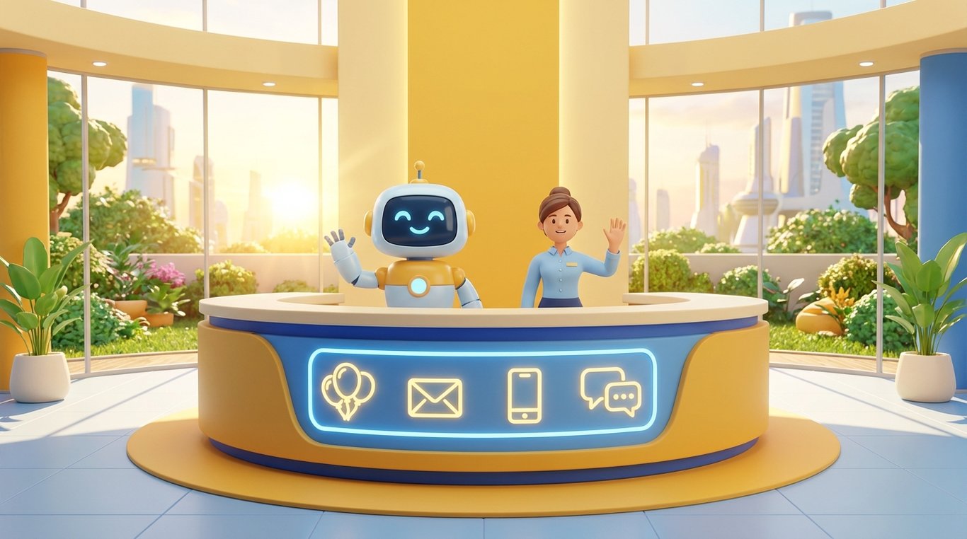 Illustration 3D d'une bulle de conversation et d'un casque de support client flottant au-dessus d'un clavier