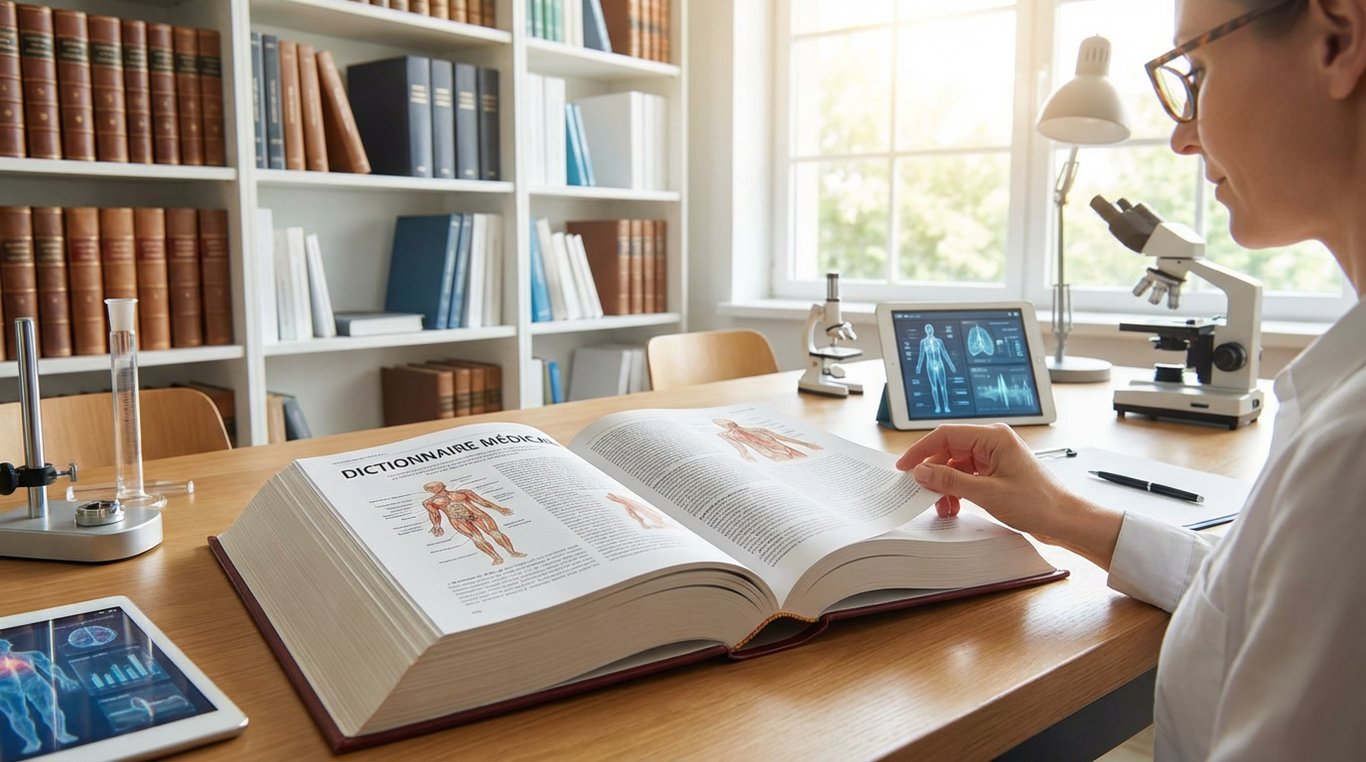 Gros plan esthétique sur des livres de médecine modernes et une tablette numérique affichant un lexique médical