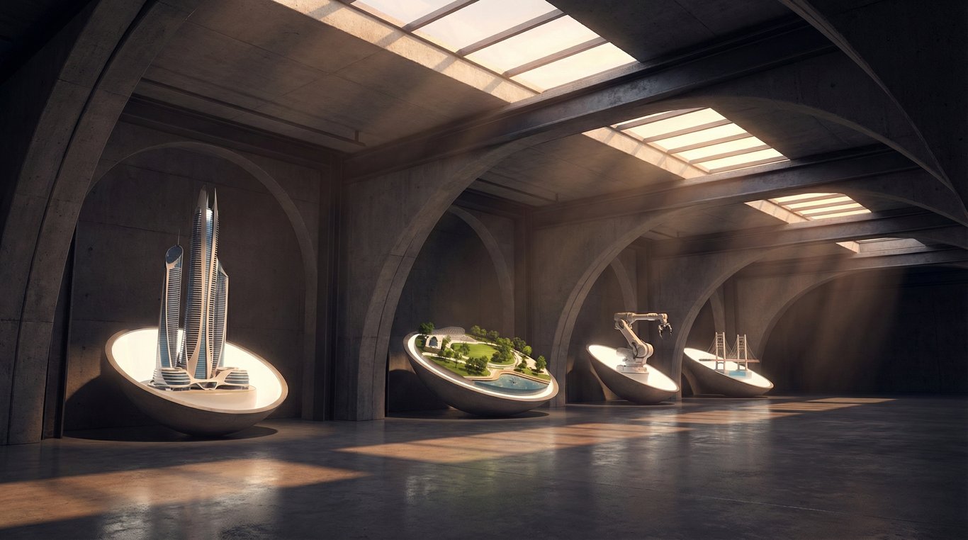 Collage artistique de différentes interfaces web modernes sur des écrans flottants dans un studio virtuel