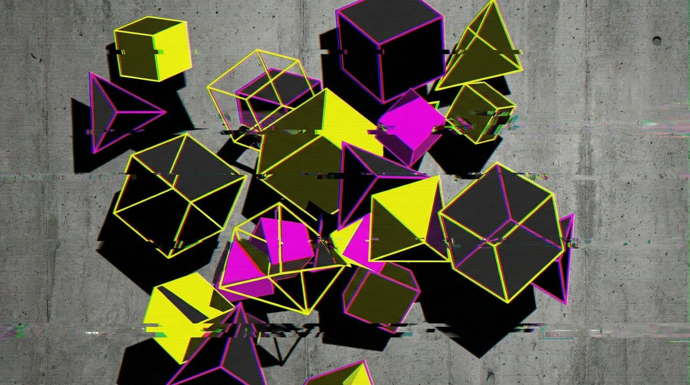 Composition géométrique abstraite avec des cubes filaires et des couleurs néon