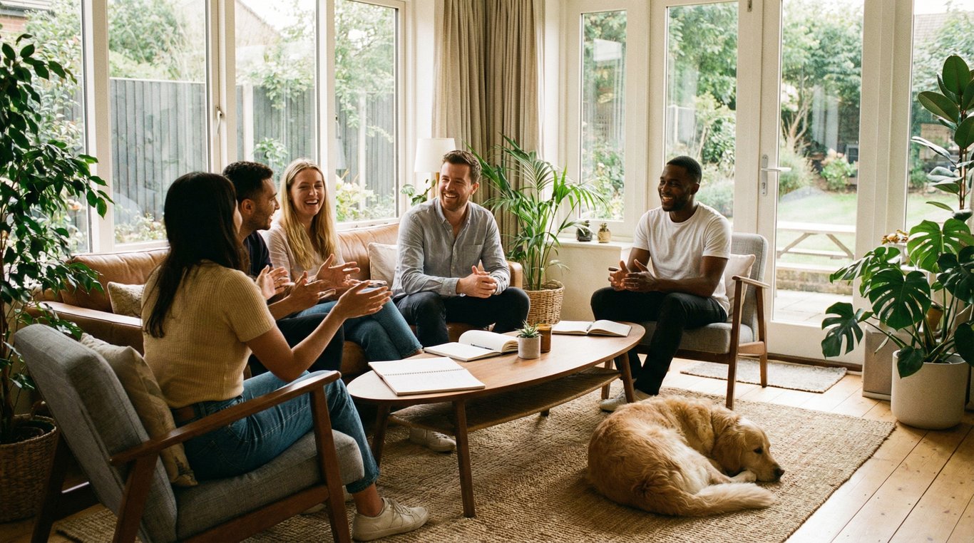 Bureau à domicile épuré avec une tasse de thé fumante, un carnet ouvert et une plante grasse, baigné par la lumière du matin.