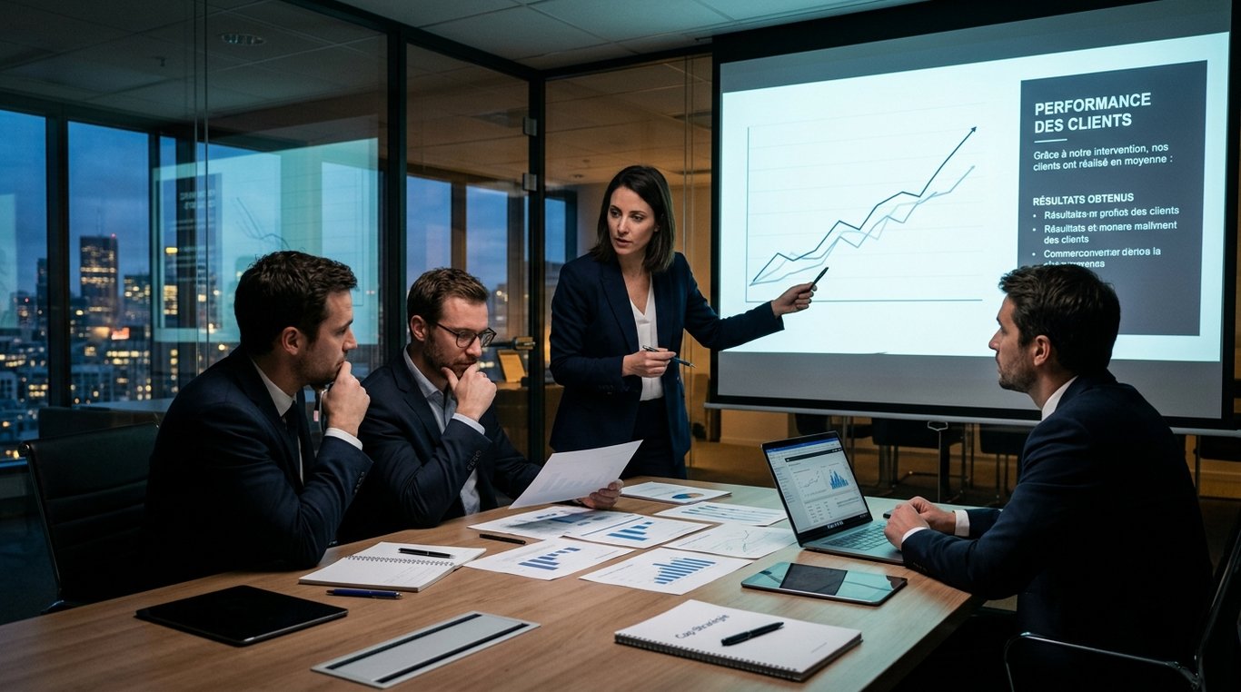 Consultants en réunion stratégique autour d'une table en bois avec documents et ordinateurs portables