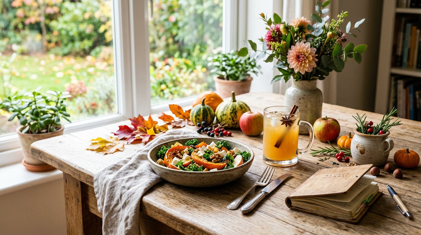 Vue de dessus d'une table à manger rustique remplie de divers plats sains et colorés