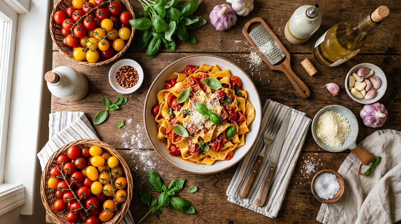 Table de cuisine rustique avec ingrédients frais et plat de pâtes