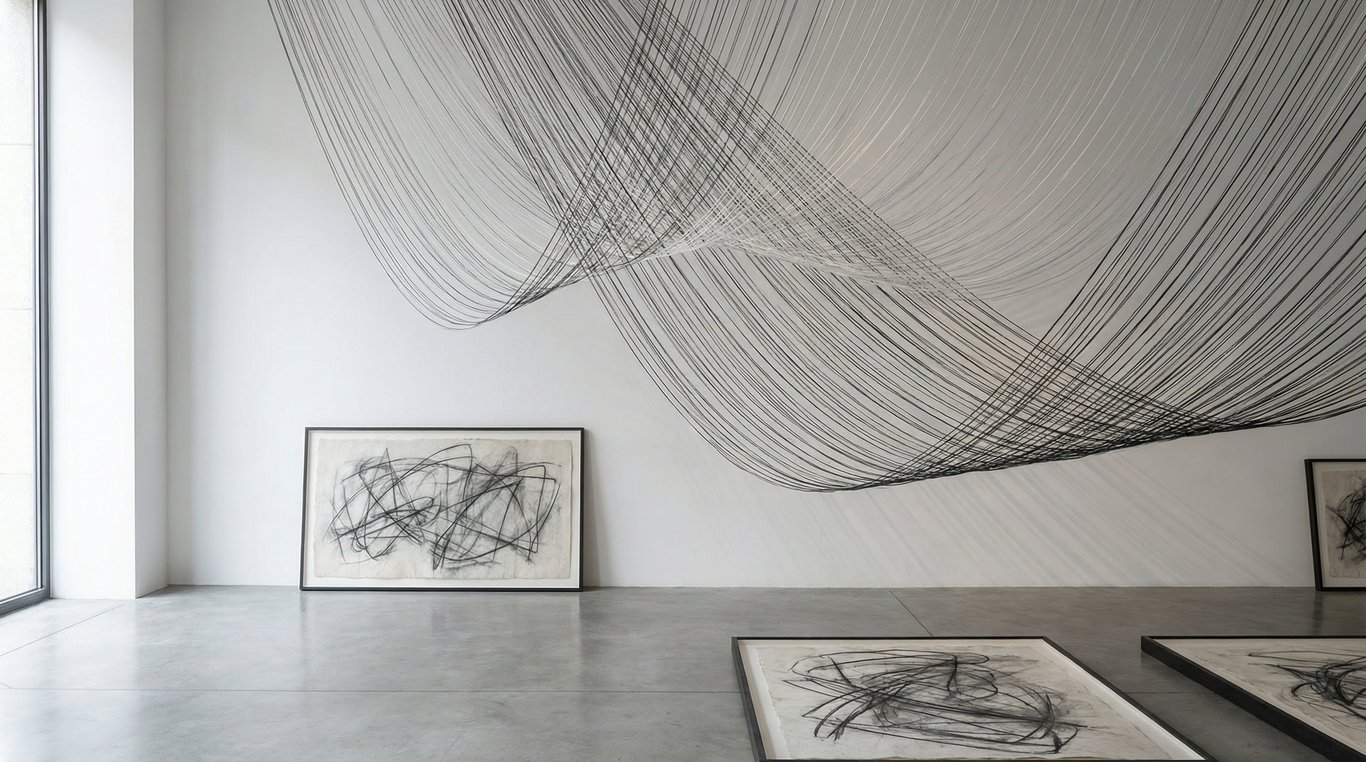 Œuvre phare de l'exposition 'Traces et trajectoires' : dessin au trait sur grand format