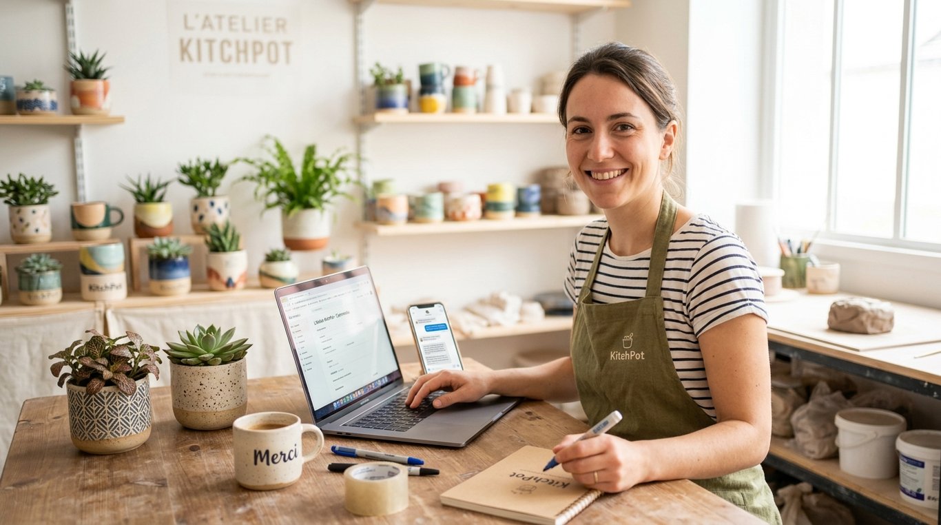 Aperçu d’un bureau avec un ordinateur portable et une tasse près d’un pot