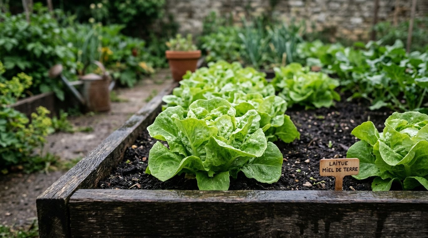 Jeunes feuilles de laitue croquante, évoquant une variété délicate et régulière pour les salades.