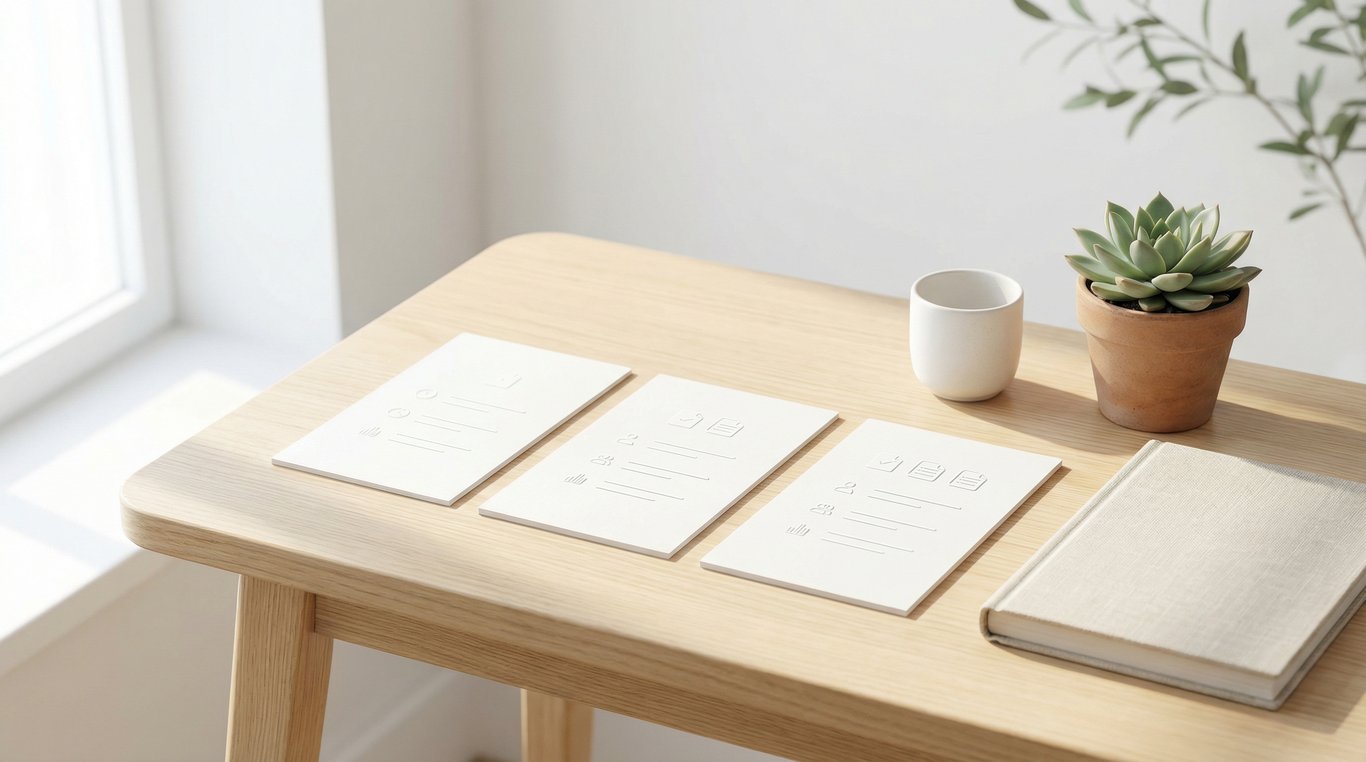 Trois cartes de tarification minimalistes posées sur une surface blanche, avec la carte centrale légèrement surélevée et entourée d'une lueur bleue.