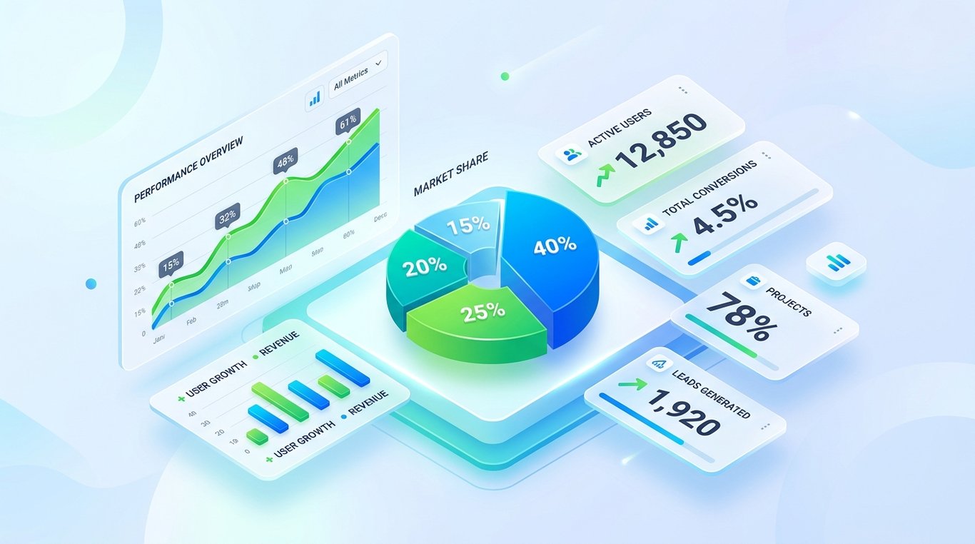 Interface du tableau de bord TableauGestion en 3D isométrique montrant des graphiques de croissance
