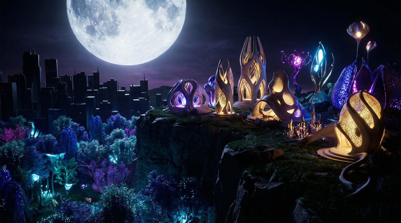 Composition artistique de plusieurs écrans flottants dans le noir, affichant des visuels d'art abstrait coloré et de concerts