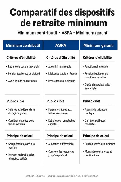Infographie comparative des dispositifs de minimum retraite garanti en France : MiCo, ASPA et Minimum Garanti