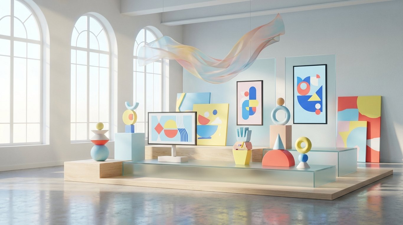 Œuvre clé de la sélection Arts Visuels montrant des cadres photos numériques flottants avec bords arrondis et art abstrait coloré