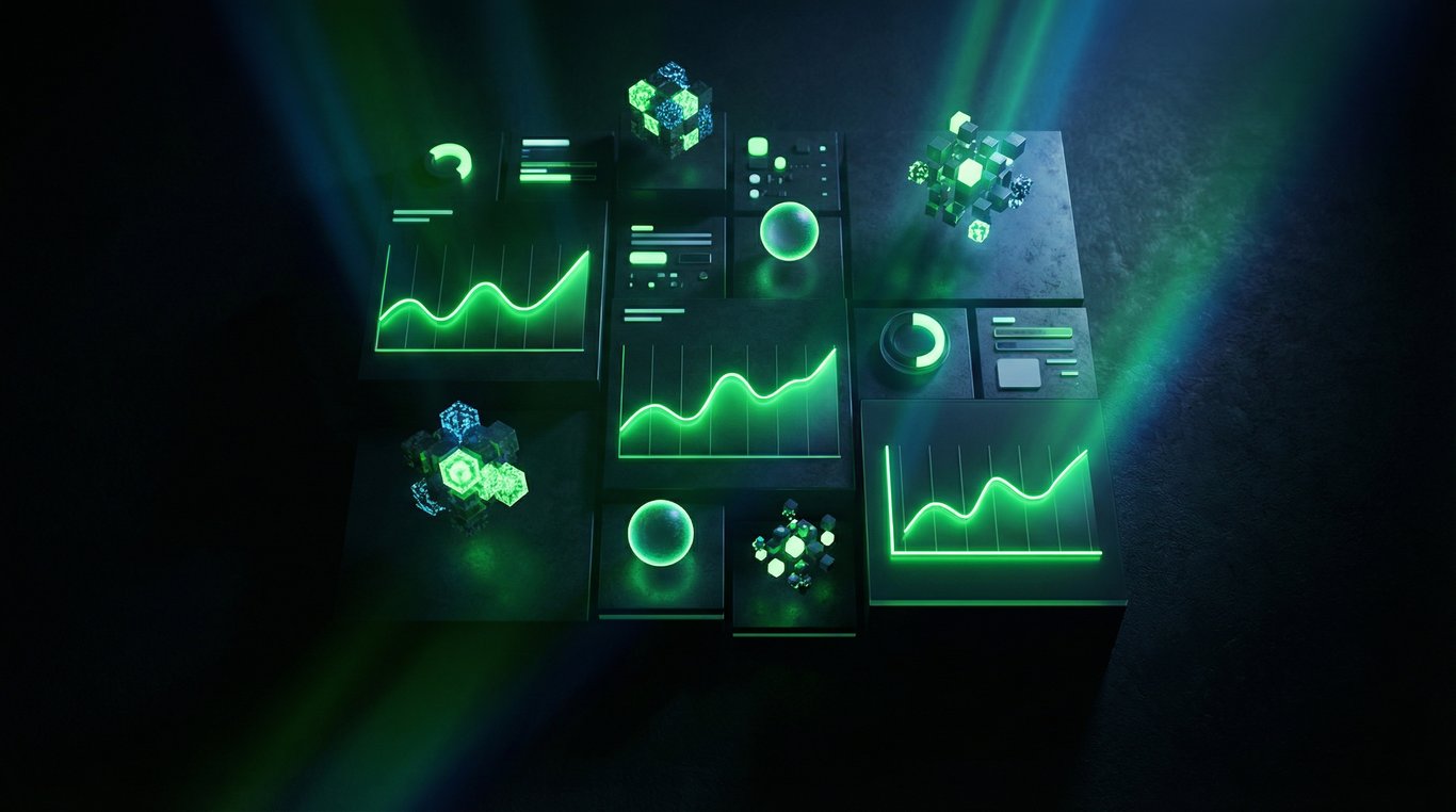 Composition bento futuriste avec graphiques de performance vert néon