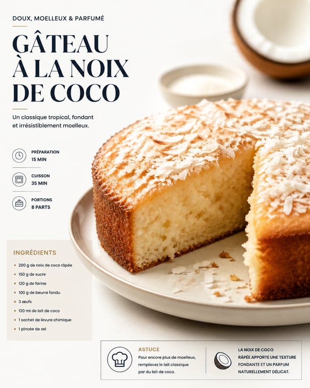 Gâteau à la noix de coco moelleux et fondant prêt à être dégusté