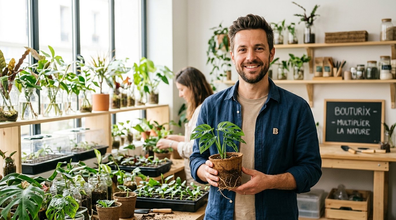 Photo de Lucas Martin dans une serre lumineuse entouré de plantes vertes