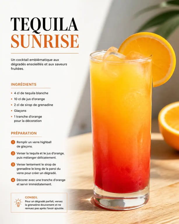 Cocktail Tequila Sunrise facile et pas cher servi dans un verre highball avec une tranche d'orange.