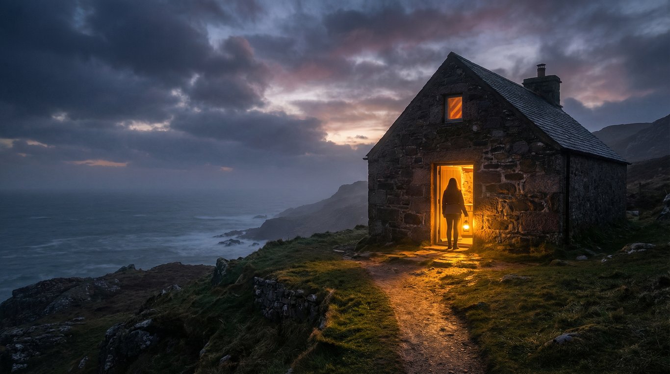 Façade extérieure du restaurant Gastro Lab, architecture moderne vitrée, logo illuminé au néon blanc, ambiance crépusculaire accueillante.