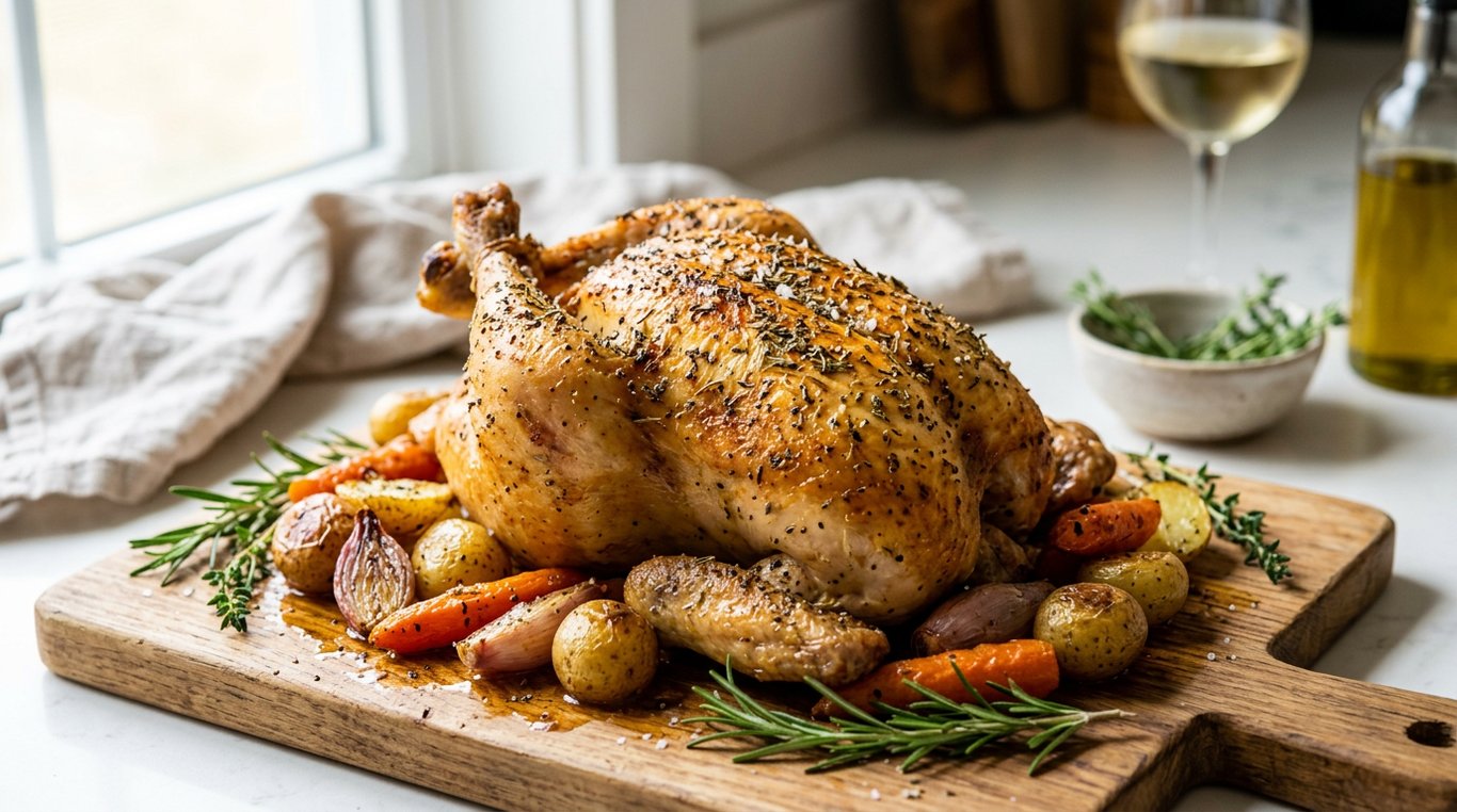 Poulet rôti doré aux herbes de Provence sur un plat en céramique