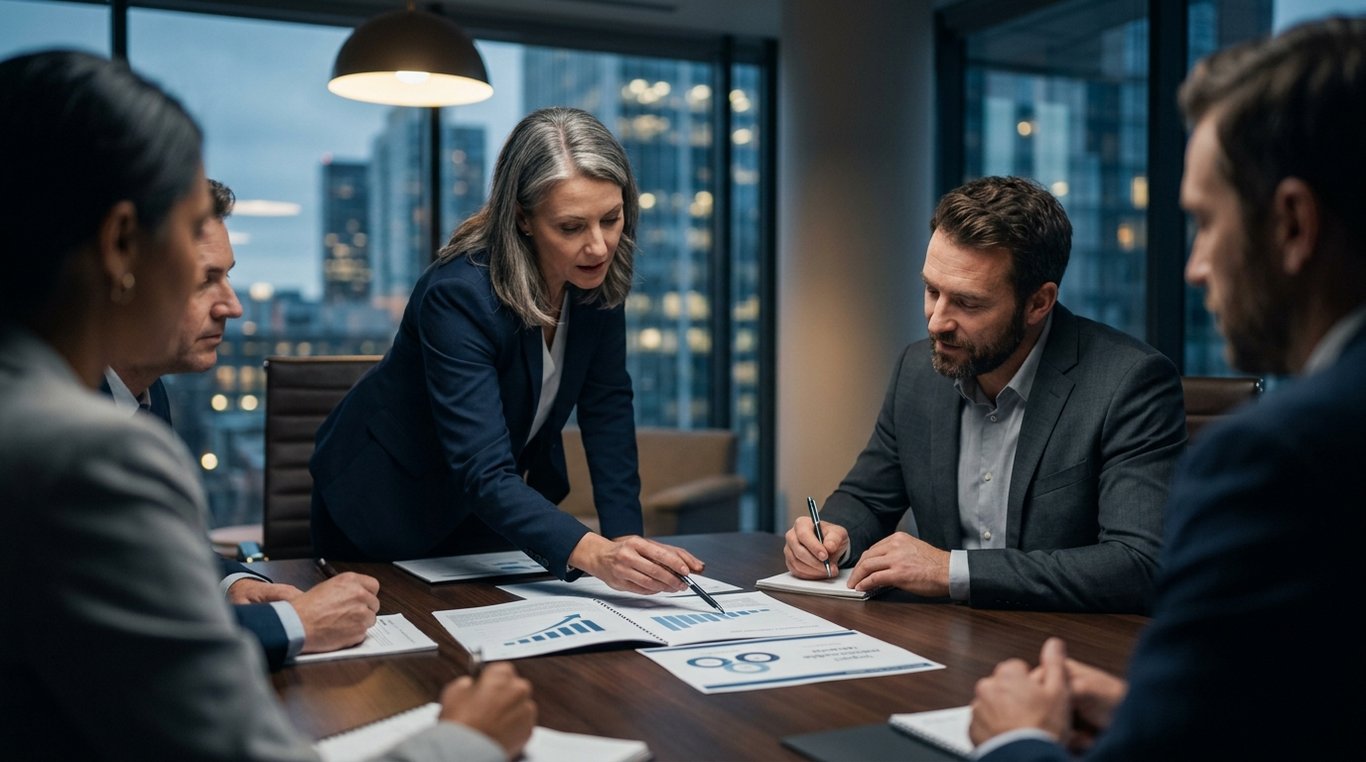 Tableau de bord financier digital affiché sur un écran moderne dans une salle de réunion