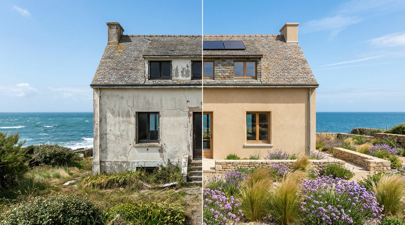 Photo avant rénovation : façade ancienne et dégradée d’une maison