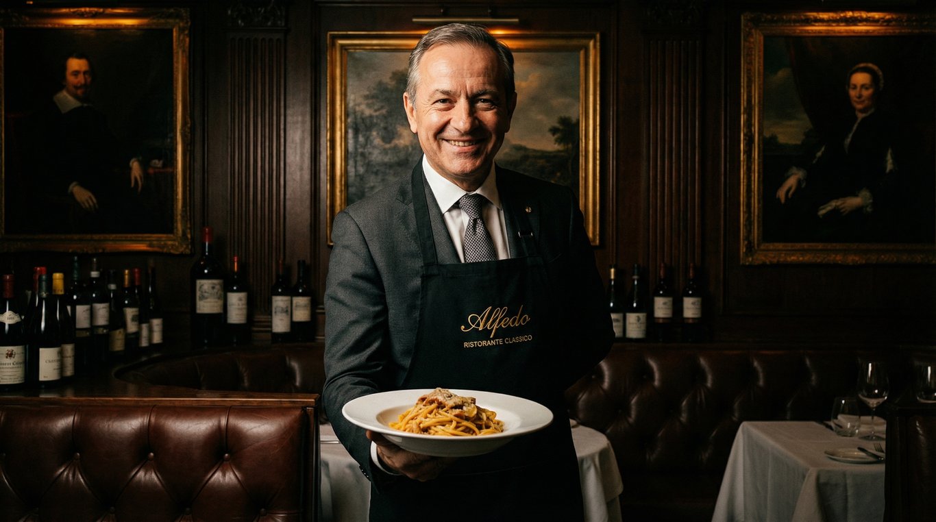 Sourire chaleureux d’un serveur en uniforme dans le restaurant Alfedo