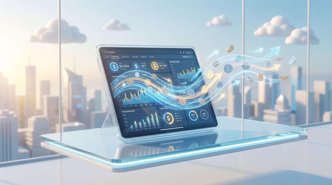 Interface de trésorerie en temps réel avec graphiques et indicateurs financiers dynamiques
