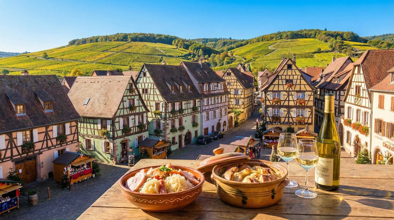 Paysage alsacien avec vignobles et maisons à colombages