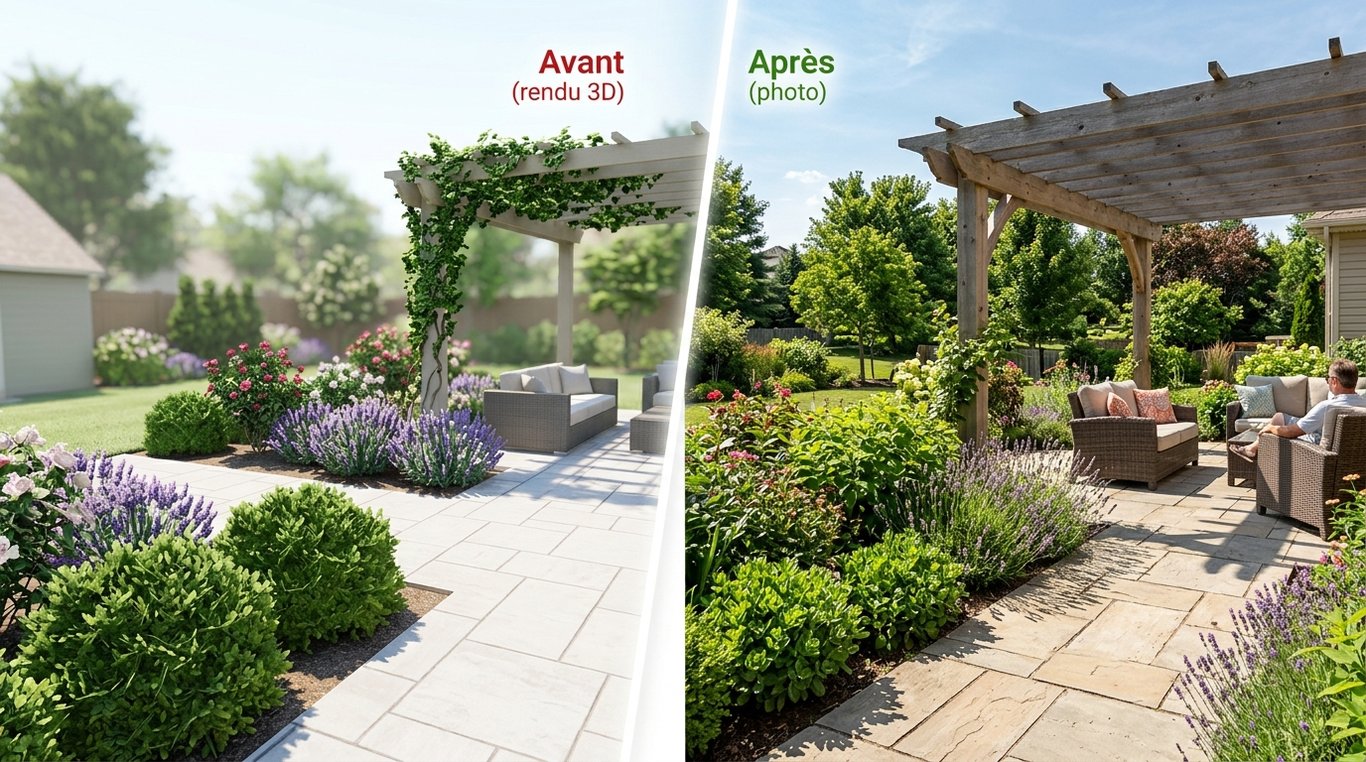 Rendu 3D du jardin en permaculture avant travaux : zones de culture et structures.