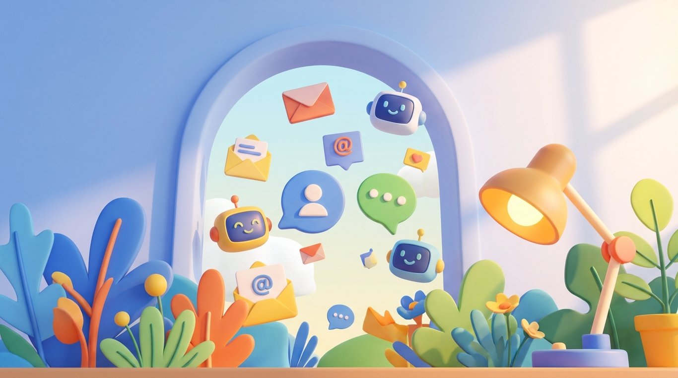 Illustration 3D minimaliste d'une bulle de discussion et d'une enveloppe électronique brillante sur fond sombre