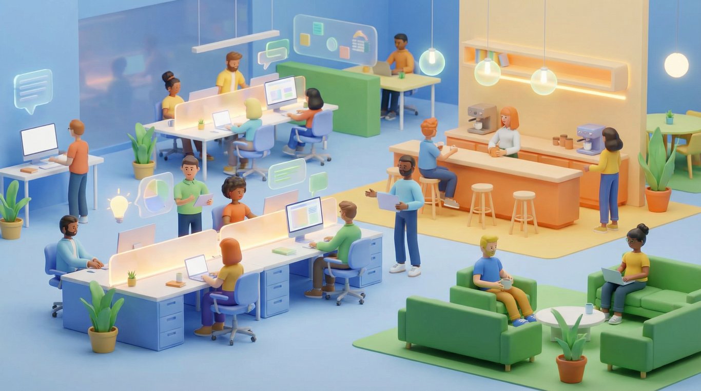 Bureau moderne et lumineux en open space symbolisant innovation et collaboration