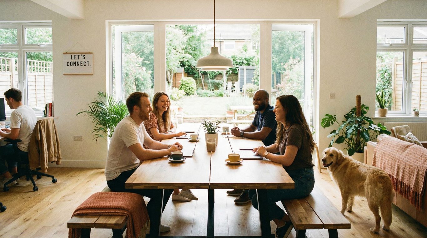 Espace d'accueil d'un bureau minimaliste et épuré avec un bureau en bois naturel et un mur végétal